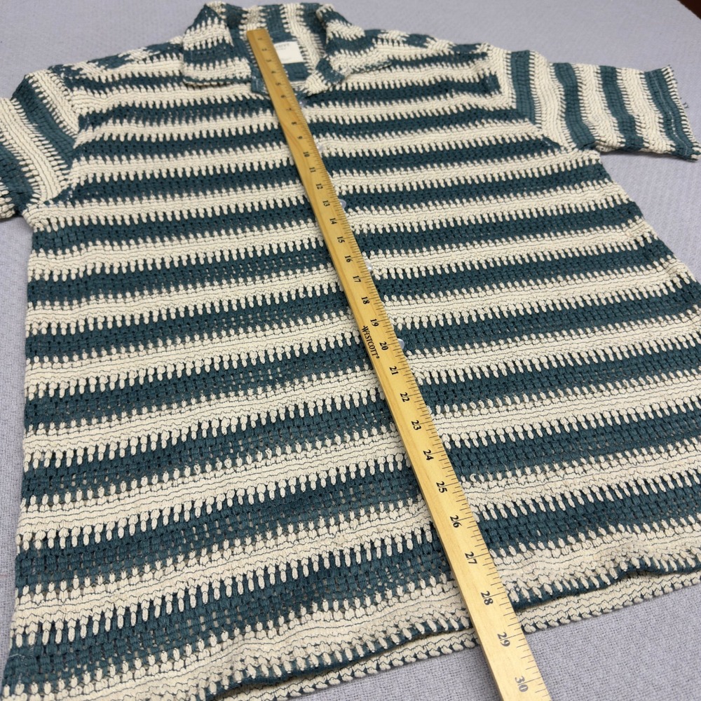 Massive Luxury Mens Green Cream Striped Open Knit Crochet Camp Shirt Medium - Picture 9 of 9
